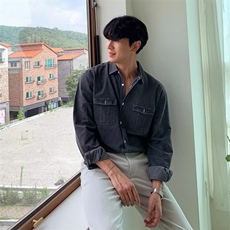 复古工装牛仔衬衫男高级感韩版宽松长袖上衣潮流百搭蓝色衬衣外套，男装衬衫，星座302B-2