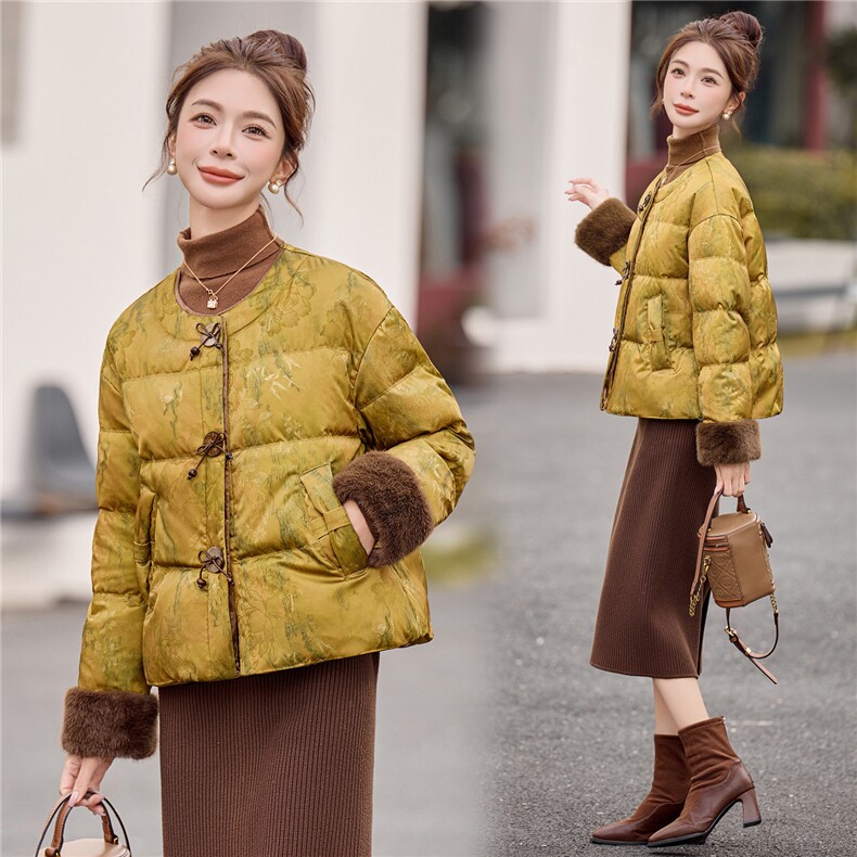 现货2025冬装新款风羽绒服时尚气质女人味新中式提花外套古风,女装羽绒服,唯婧