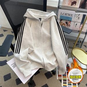480G重磅加绒硬挺boxy男女秋冬美式高街结构三条杠卫衣开衫厚外套图片