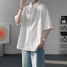 8XL-M中式立领棉麻T恤特大码亨利领亚麻短袖polo衫半袖DX1210/P45，男装T恤，电商B238