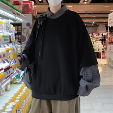 秋冬季衬衫领拼接ins潮牌百搭格子外套假两件卫衣男W5342-P42，男装卫衣，星座512-3