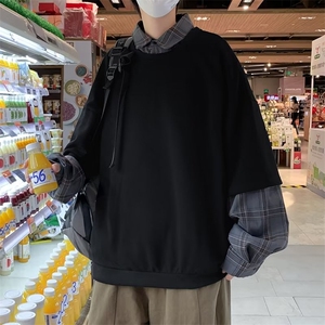 秋冬季衬衫领拼接ins潮牌百搭格子外套假两件卫衣男 W5342-P42图片