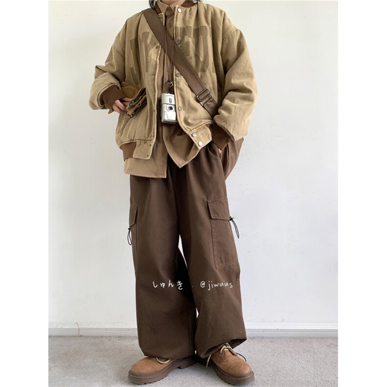 秋日系复古阔腿基础款工装长裤男女宽松束脚卡其色休闲裤子CA359,男装工装外套,星座516A