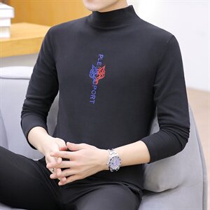 冬季半高领双面绒刺绣虎头卫衣男加绒加厚保暖打底衫长袖黑332P28