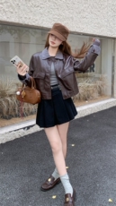 甜酷条纹短款pu皮衣半身裙套装女2025春秋季新款高级感显瘦两件套，女装套装/套裙，2D148