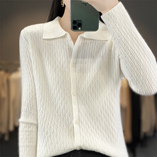 2025年秋季新款百搭女士长袖polo领麻花开衫,女装针织衫/毛衣,庆磊羊绒, 2025年秋季新款百搭女士长袖polo领麻花开衫,女装针织衫/毛衣,庆磊羊绒,