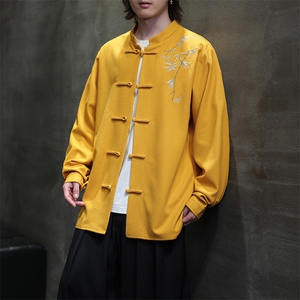 新款新中式长袖衬衫风刺绣汉服潮唐装华夫格T2429-P68图片