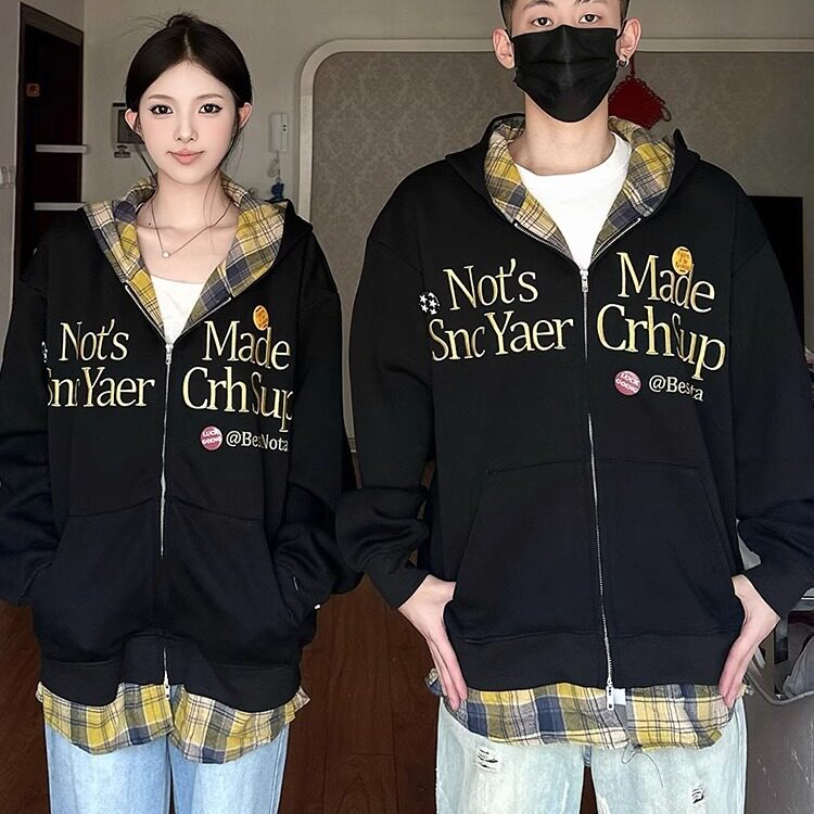 美式复古刺绣开衫连帽卫衣男女秋冬潮流情侣装休闲上衣假两件外套,女装短外套,星座715-4