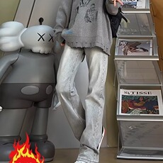 美式灰色直筒加绒男潮牌cIeanfit水洗复古长裤子K7055-1#P45网图，男装卫衣，电商B245
