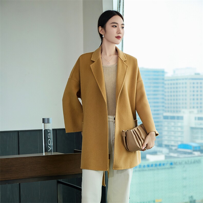 时尚百搭羊毛女士双面呢外套优雅显瘦秋冬季新款大衣，女装双面呢大衣，岳达羊绒