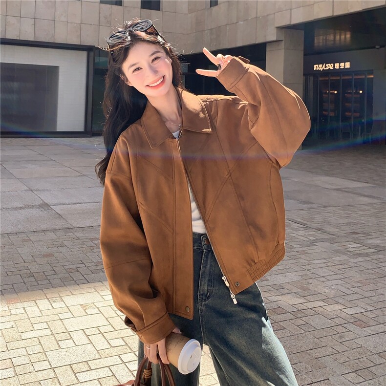 高级小众美拉德棕色麂皮外套女春秋2025年超火好看漂亮短夹克上衣,女装短外套,2D145