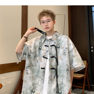新中式男女痞帅高级感衬衣潮盘扣复古短袖衬衫图片