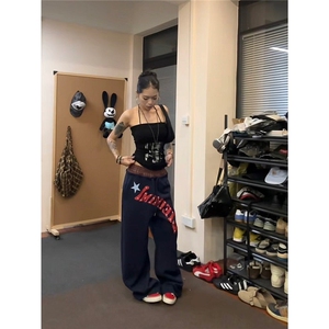 美式复古双腰头字母印花运动卫裤男女慵懒风宽松阔腿休闲裤图片