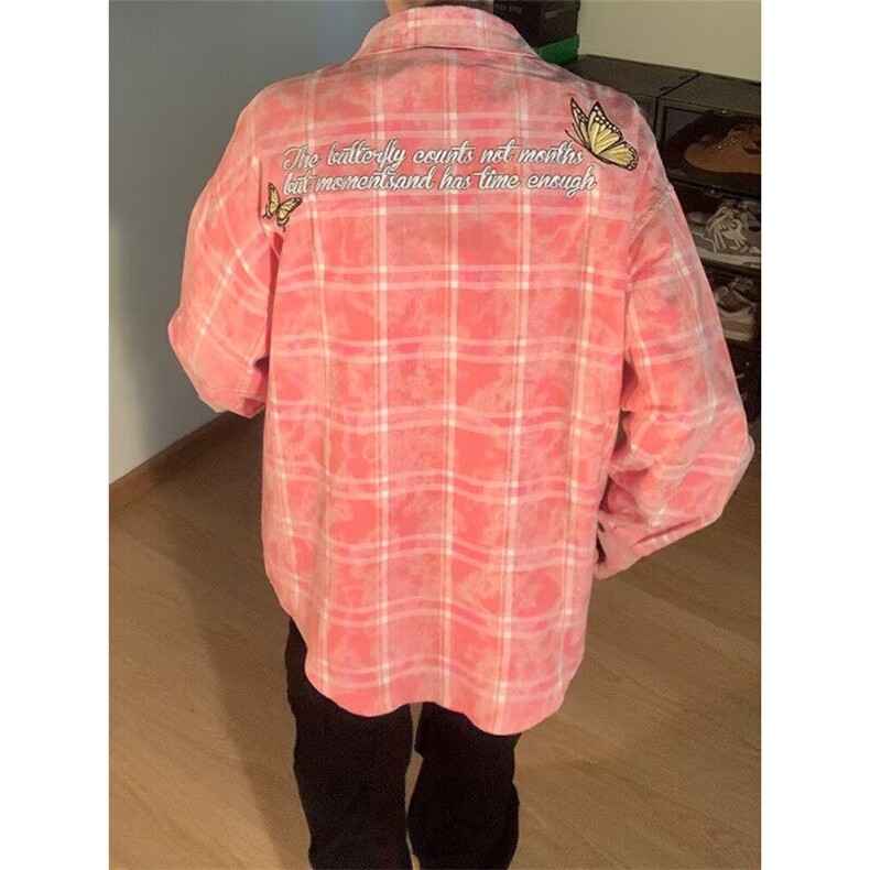 DB252-P55美式蝴蝶刺绣格子衬衫长袖男女宽松情侣衬衣-网图现货,男装衬衫,星座603-2