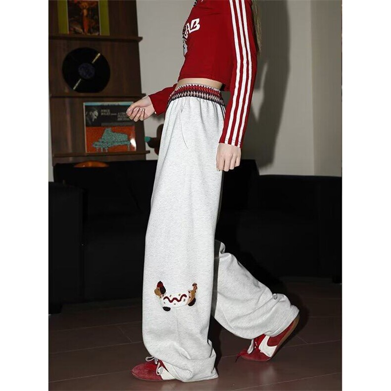 白花灰腰头拼接腊肠狗卫裤女2025春季新款小众设计感宽松阔腿裤子，女装休闲裤，星座506A