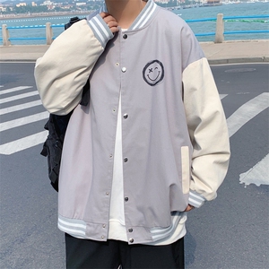 J905 P30 港风外景 百搭学生情侣笑脸港风印花棒球领拼色秋季潮男图片