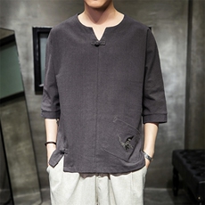 587P45室内风风宽松棉麻潮百搭仙鹤绣花时尚七分袖休闲T恤，男装T恤，电商A026
