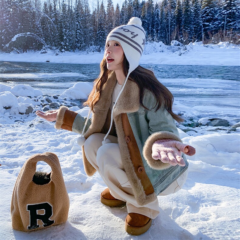 （现货）2025冬装牛仔拼接仿水貂绒派克服美式复古独特设计外套，女装牛仔外套，印象茜