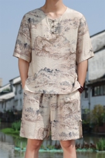 2025夏季新款男装风冰丝竹叶印花盘扣套装短袖+短裤A102-P80，男装休闲套装，电商B277(原6028)