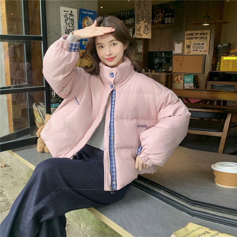 新款粉色拼接格子90白鸭绒加厚羽绒服25124P260K398,女装羽绒服,2D035