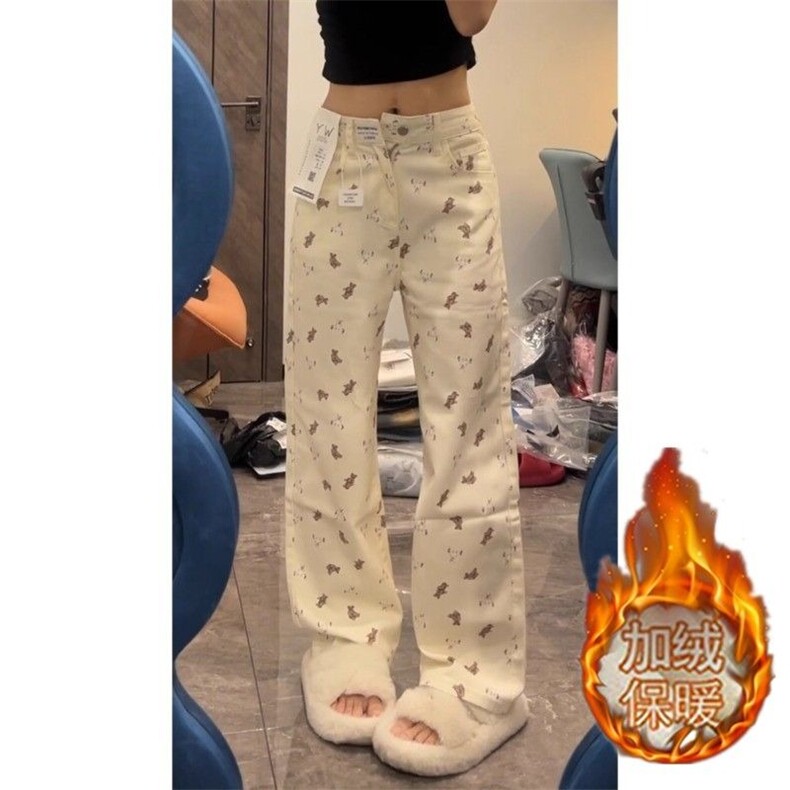 美式复古小熊印花直筒牛仔裤女秋冬加绒小众设计感宽松显瘦阔腿裤图片