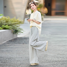 现货2025夏装新款米色上衣条纹裤子时尚休闲两件套套裙，女装套装/套裙，木子恋