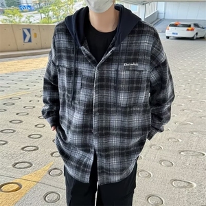 【有货】DC29-P55格子连帽长袖衬衫春秋季新款潮牌宽松呢料衬衣图片