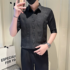 店主风社会小伙男士褶皱花泡七分袖衬衫男衬衣301A-1/CS569/P55，男装衬衫，星座301A-1