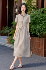 学院风格纹连衣裙女春夏收腰显瘦中长裙格子裙子，女装连衣裙，水衣源