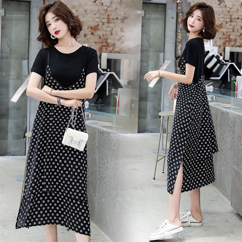 小花家2023流行韩版修身T恤拼设计感开衩吊带雪纺连衣裙女两件套，女装套装/套裙，E百度