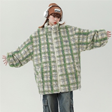 学院风美式秋冬复古格子条纹宽松羊羔毛棉衣外套Y21P138现货，男装棉衣，星座201-2