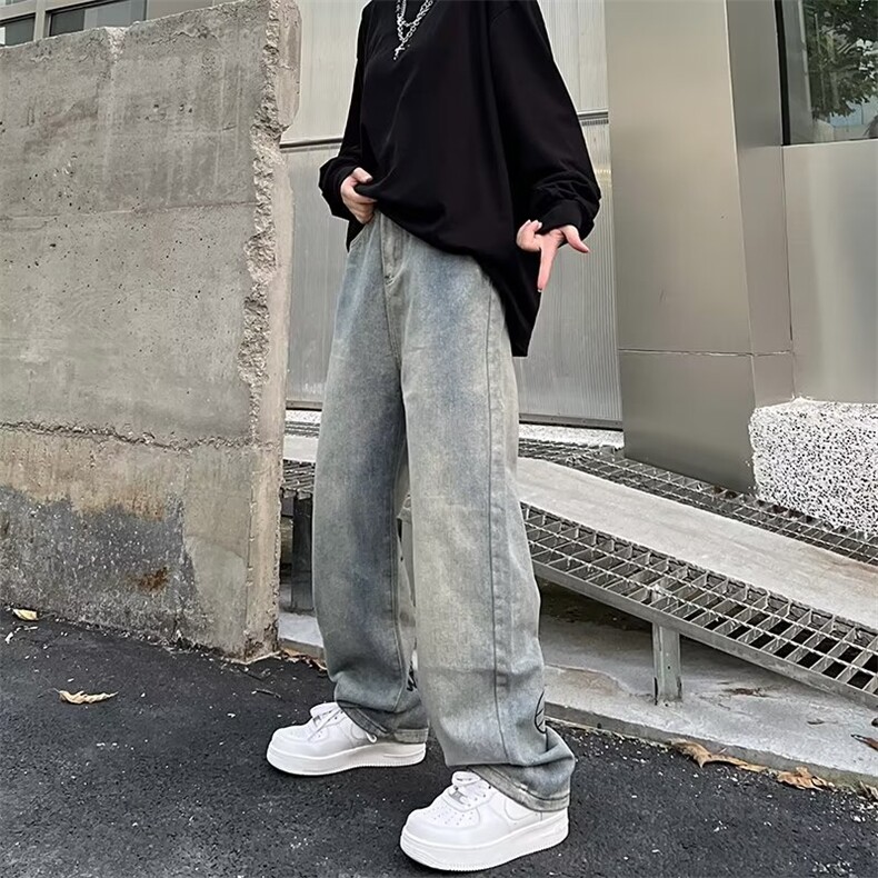 美式字母印花牛仔裤ins潮宽松直筒坠感休闲hiphop裤子男N1210-P43图片