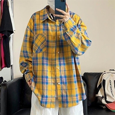 特批P30无差价秋季港风潮牌格子衬衫男贴标时尚宽松衬衣外套C2501，男装衬衫，电商A001