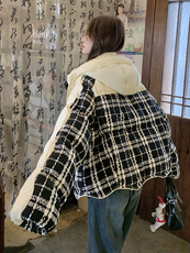 时尚黑白格子拼接连帽加厚短款羽绒服女2024冬新款学院风显瘦外套，女装羽绒服，橙子家