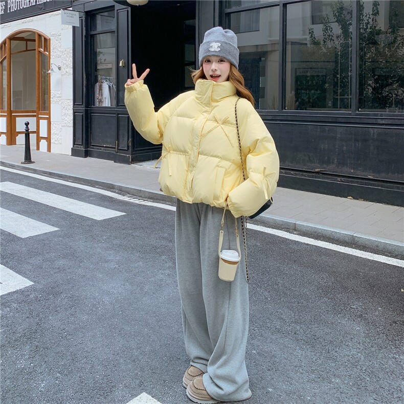 奶黄色短款羽绒服女2025新款冬季白鸭绒小个子立领休闲面包服保暖,女装羽绒服,2C218