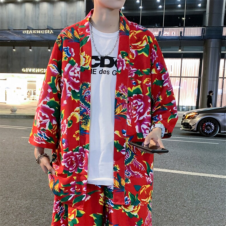 C1805男士休闲风民族风东北大花牡丹大花开衫披肩外套汉服潮，男装民族服装，星座115A(原星座507）