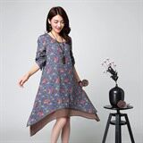 优雅复古印花长袖连衣裙宽松显瘦不规则下摆设计，女装连衣裙，丽影随形