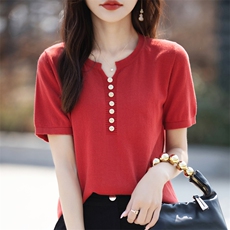 夏季新款100%纯棉针织衫短袖女圆领纽扣纯色T恤宽松打底半袖上衣，女装针织衫/毛衣，彩羽羊绒