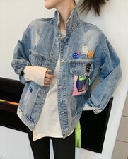 22002# 欧韩风粉色彩标口袋牛仔外套，其它，锋味