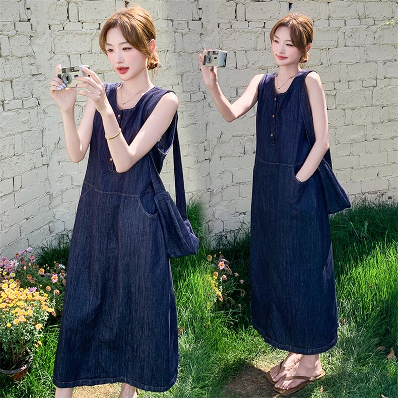 牛仔无袖连衣裙女夏季新款复古通勤显瘦A字中长裙，女装连衣裙，纯色衣恋