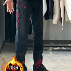 斜杠三条纹红黑撞色拼接休闲长裤加绒加厚直筒牛仔裤K8003P48网图，男装牛仔裤，电商B245