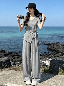 超好看韩版时尚套装女夏新款款蝴蝶结系带短袖上衣阔腿长裤两件套图片