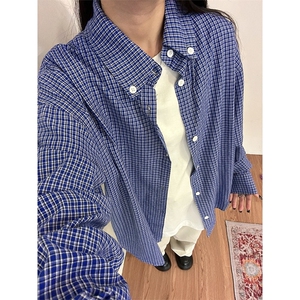 美式复古慵懒宽松蓝格子衬衫女男春秋季新休闲长袖衬衣 CS46图片