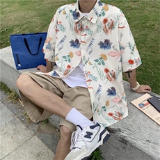 ins港风冰丝花衬衫男短袖宽松夏季沙滩夏威夷帅花衬衣潮W2601-P33，男装衬衫，星座412-3