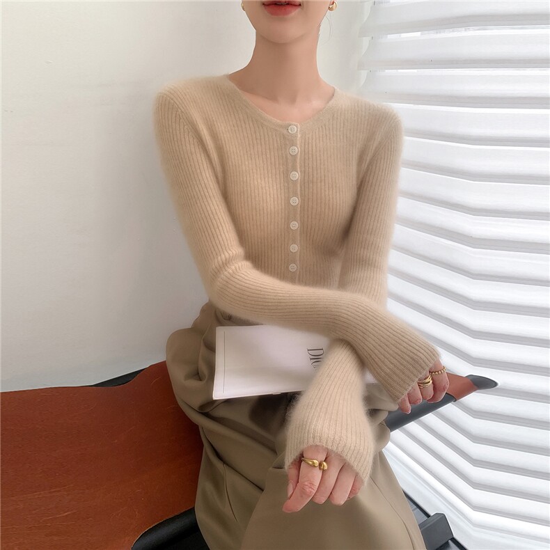 2025年秋季新款百搭女士12针抽条钉扣圆领,女装羊绒衫,百越羊绒