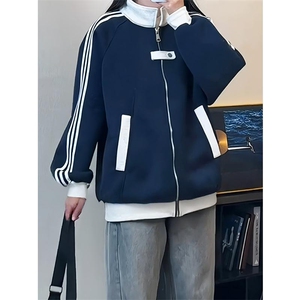 抖音得物高品质26春装美式高街结构拼接织带翻领卫衣夹克开衫外套图片