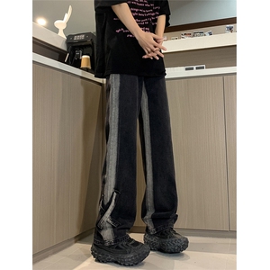 现货春夏黑色渐变直筒宽松设计感拼接绑带XX修身牛仔裤男K918-P50图片
