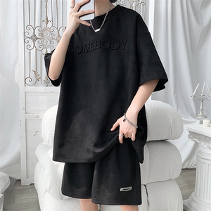 夏季宽松钢印麂皮绒套装男T恤短裤两件套港风B299-X5398-P70控88图片