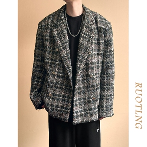 现货新款小香风西装外套男潮格纹呢子西服A351-AX2506-P125,男装西服,电商A351