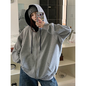 抖音得物二开美式高街重磅结构双层撞色连帽卫衣开衫外套W116图片